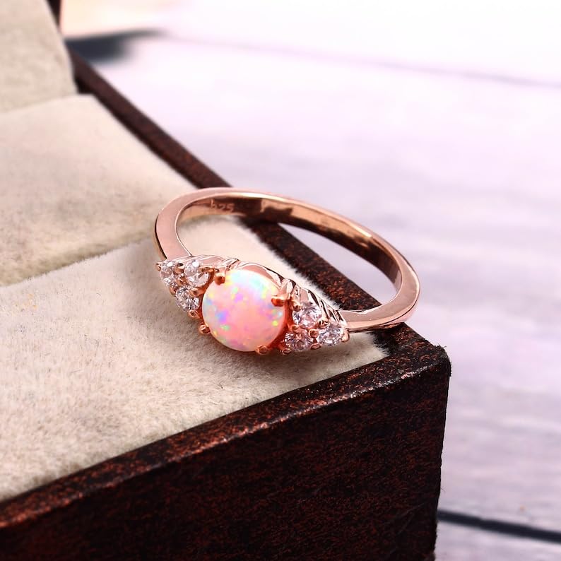 Natural Fire Opal Ring, 925 Sterling Silver Rose Gold Plated, 9x7mm Pink Opal, Wedding Engagement Ring, Promise Ring for Women Birthday, Anniversary Jewelry Gift for Her4