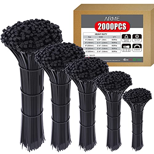 Heavy Duty Zip Tiesï¼Œ2000 QTY/Pack Black Cable Zip Ties, Cable Zip Ties Arme Nylon Self-Locking Black Ties,,High-Strength Cable Zip Ties Assorted Sizes for Outdoor&Indoor Use(4"+6"+8"+10"+12")