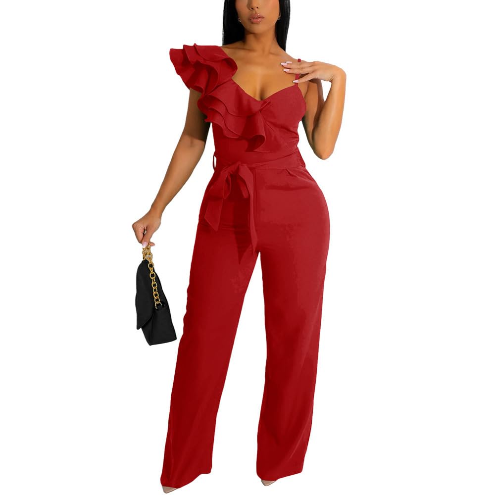 Womens Casual One Piece Jumpsuits V-Neck Sleeveless Ruffle Elegant Romper Wide Leg Pant Sexy Party Clubwear Overalls