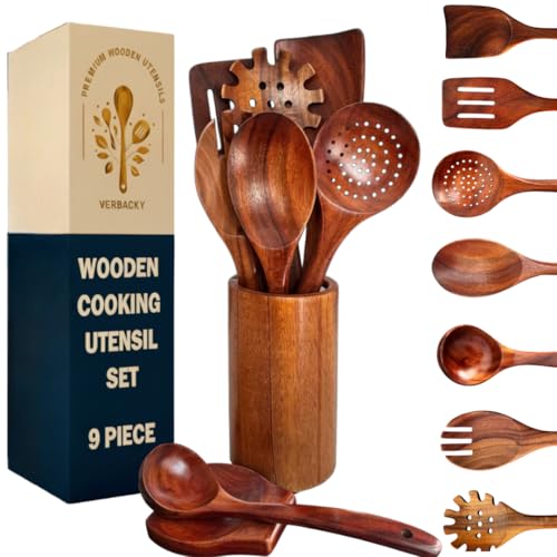 Wooden Utensil Set 9 PCS Hand-Crafted, Heat-Resistant, Non-Scratch & Easy-to-Clean