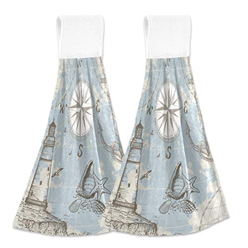 World Map Anchor Hand Towel Hanging Kitchen Towels Lighthouse 2PCS Dish Cloth Tie Towel Absorbent Oven Stove Washcloth with Loop for Bathroom Home Decorative