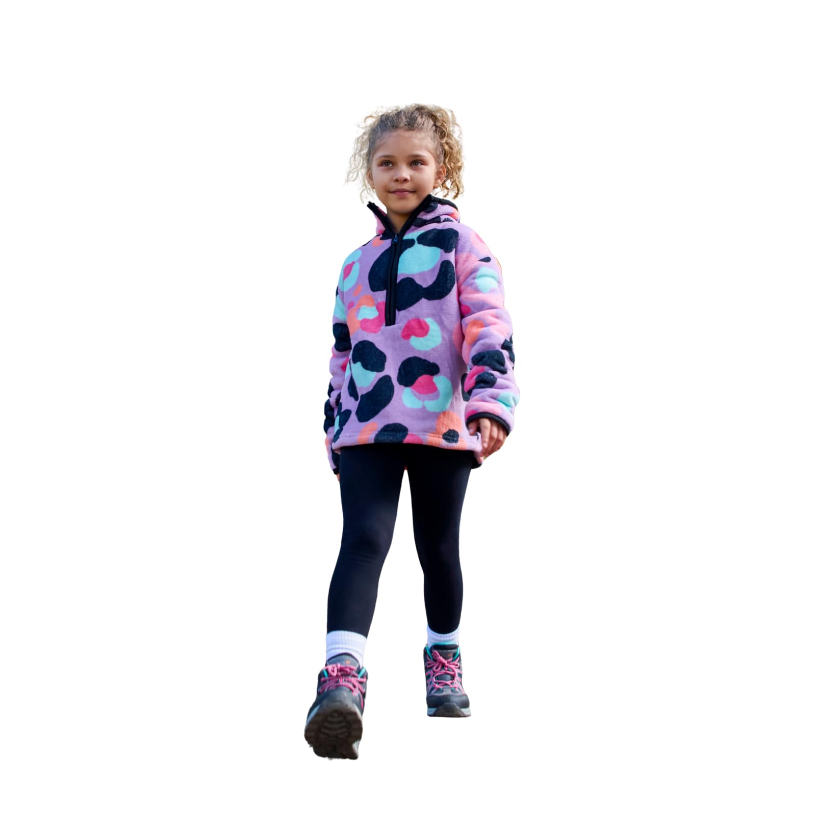 Ohs Girls Lilac - Leopard Print Half Zip Fleece Jacket Kids Leopard Print, Lightweight Warm Jumper Pullover Soft Sweatshirt Casual Long Sleeve Fleece Top For Travelling Outdoor, Lilac