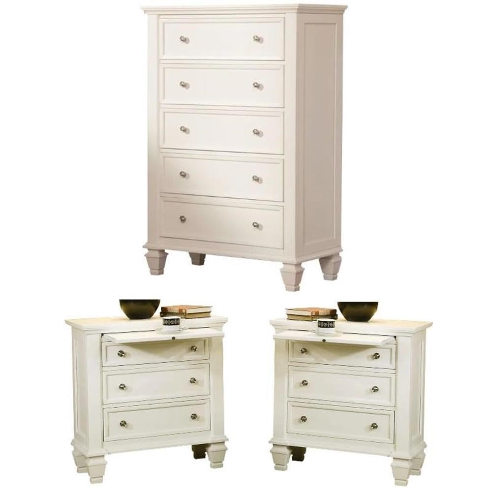 Home Square 3 Piece Set with 5 Drawer Chest and 2 Nightstands in White/Silver