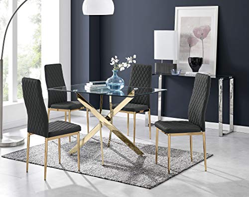 Furniturebox UK Leonardo Rectangular Glass 4 Seater Dining Table with Gold Metal Starburst Legs Modern Minimalist Table with 4 Black Faux Leather Milan Gold Leg Dining Chairs