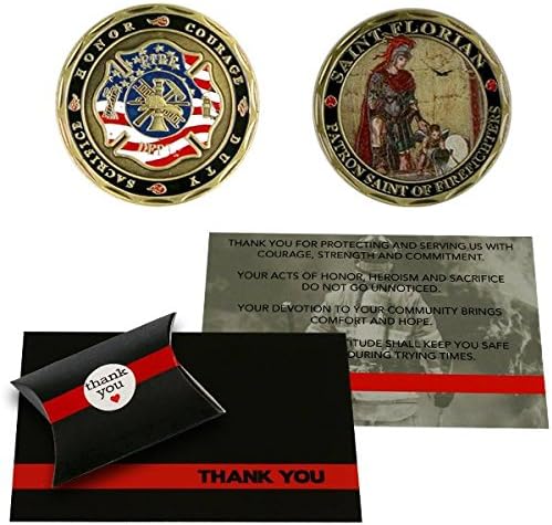 Thin Red Line Firefighter Support Gift Set St. Florian Challenge Coin & Thank You Card - Fireman Gift