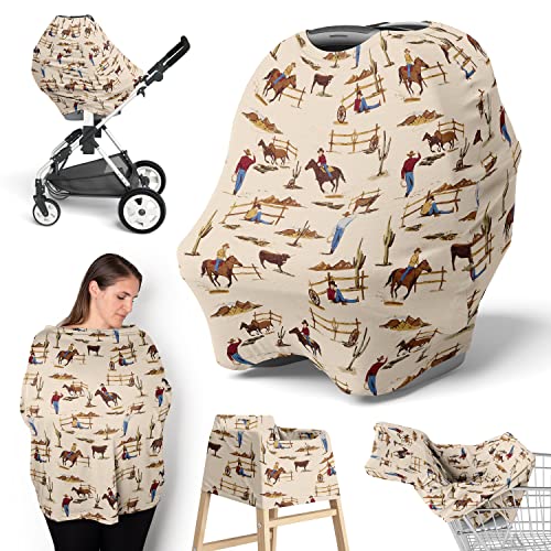Image of Sweet Jojo Designs Western Cowboy Boy Infant Baby Car Seat Cover Nursing Breastfeeding Shopping Cart Stroller Canopy - Tan Brown Red Southern Country Chocolate Blue and White Wild West Horse