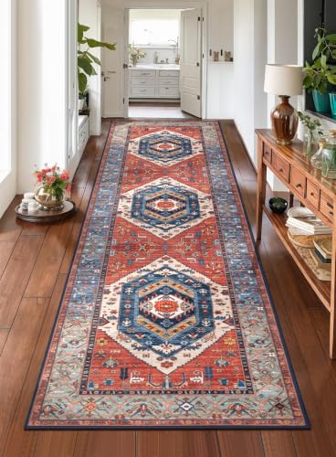 Image of SERISSA Runner Rug for Hallways, 2'6 inchx8' Washable Non Slip Boho Kitchen Runner Rug, Vintage Rust Ultra Soft Print Distressed Tribal Floor Carpet for Bedroom Bathroom Laundry Room