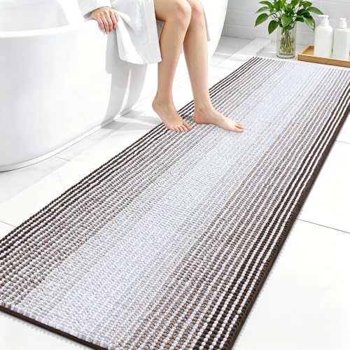 Image of OLANLY Bathroom Runner Rugs 70x24, Extra Soft Absorbent Chenille Striped Bath Rugs, Rubber Backing, Machine Wash Dry, Long Bath Mats for Bathroom, Tub, Shower, Home Decor Accessories, Brown