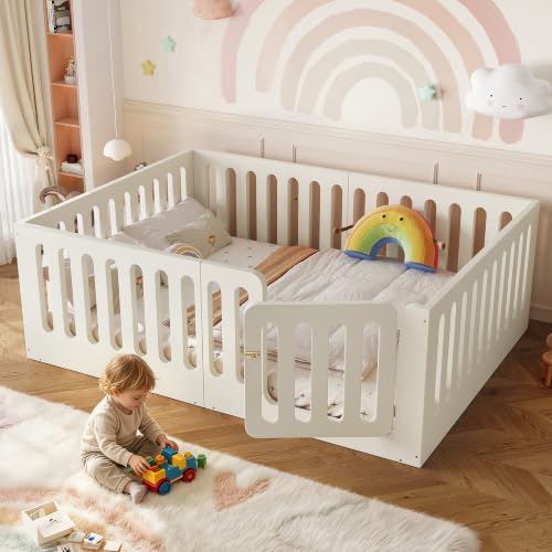 Image of Bellemave Full Montessori Floor Bed Frame,Beige | Solid wood kids montessori floor bed with high safety fence & door, low to ground design for girls and boys