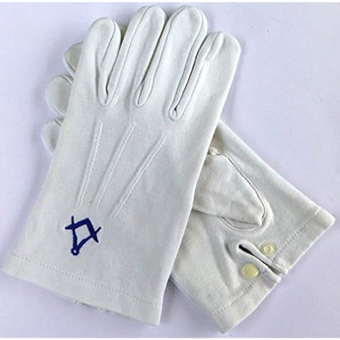 Masonic White Gloves with Embroidered Square & Compass - 100% Heavy Cotton (Medium) Cover