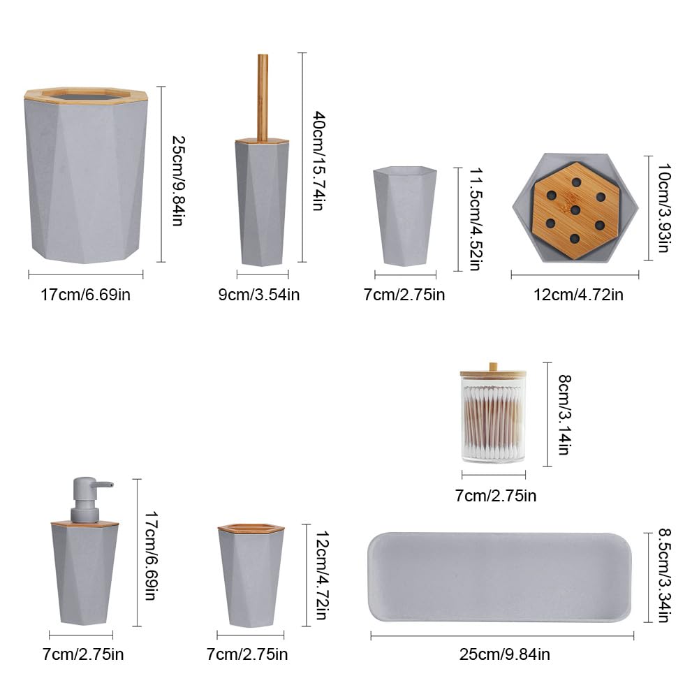 Juego de 8 accesorios de baño con portavasos, dispensador de platos, cepillo (gris)
