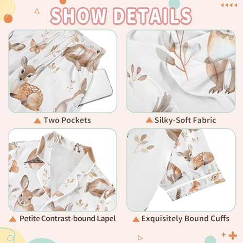 senya Woodland Animals Deer Satin Summer Pajama Sets Silk Short Sleeve Button Down Sleepwear3