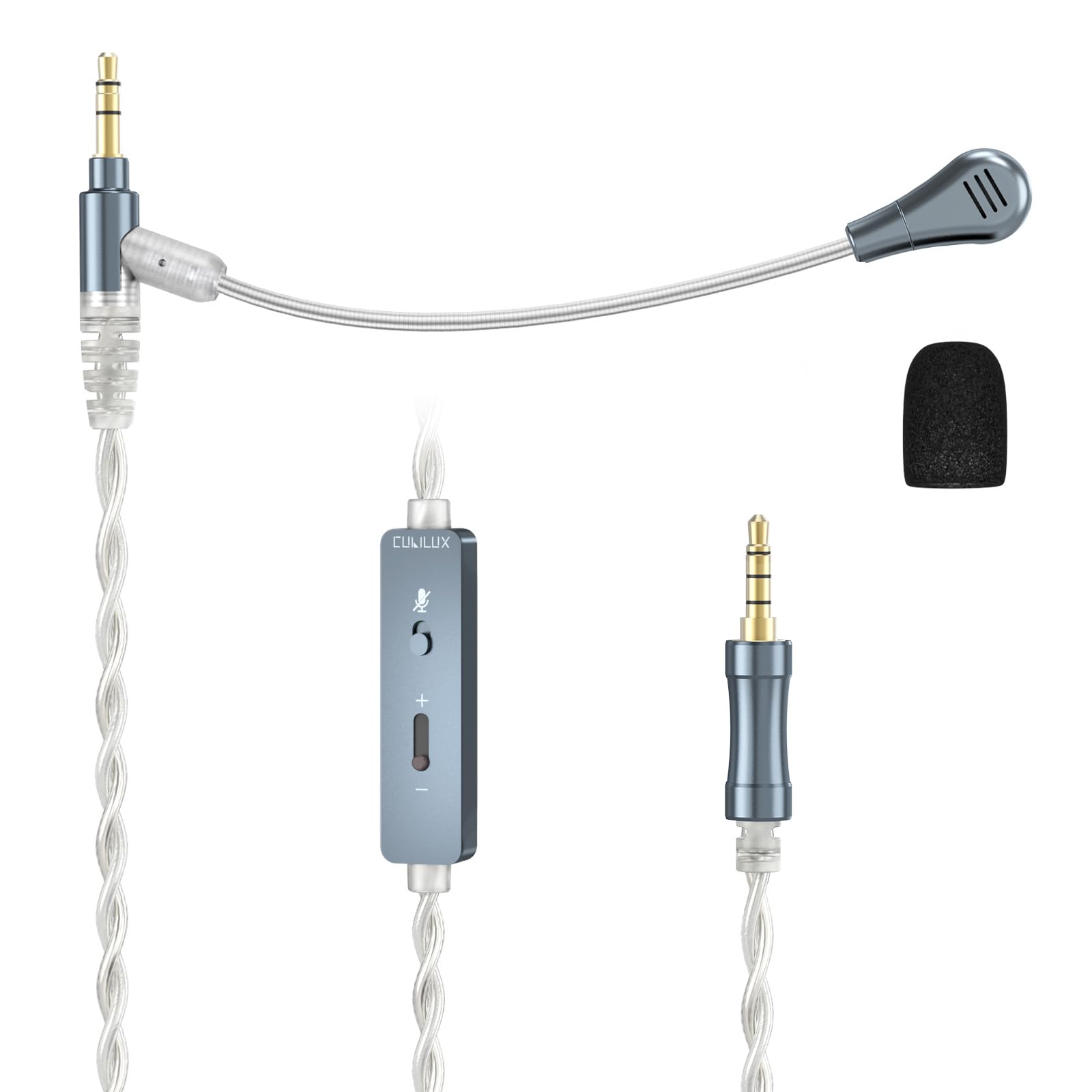 Cubilux Kabel AUX 3,5 mm z mikrofonem Boom, przycisk wyciszenia, regulator głośności, posrebrzany, do rozmów głosowych, połączeń, konsoli do gier, kompatybilny z WH1000-XM6/5/4, Studio Pro, Solo, 6 ft