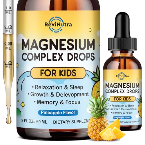 Image of Kids Magnesium Liquid Drops - Magnesium Glycinate Liquid for Kids, Magnesium Supplement with L-Theanine, Calcium, Zinc, Vitamin D3 K2 for Sleep Calm Relaxation Brain Bones, Pineapple Flavor 2 Fl Oz