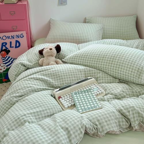 Image of Nayoroom Green Gingham Duvet Cover Full Size Plaid Dorm Bedding Set 3 Pieces Grid Checkered Duvet Cover with 2 Pillowcases, Soft Breathable Washed Microfiber