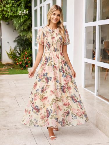 Image of Simplee Womens Casual Floral Summer Maxi Dress 2026 Boho Flowy Short Sleeve Crew Neck Vacation Smocked Chiffon Dresses