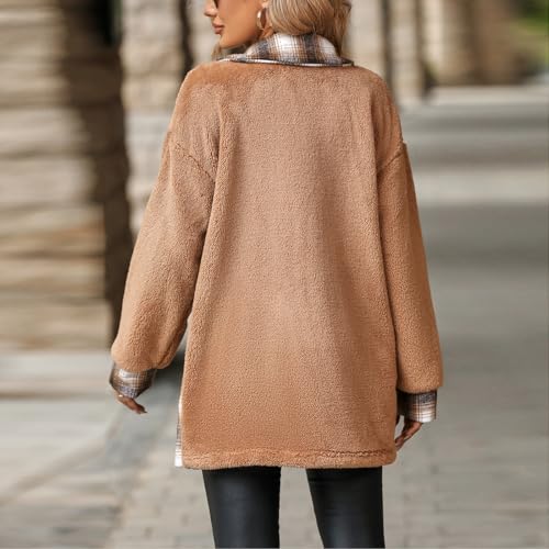 Shackets for Women 2025 Sherpa Fleece Button Down Plaid Long Coat Lapel Hooded Fleece Lined Jacket Fashion Color Block Tops3