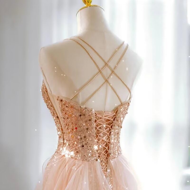 homdor Women's Spaghetti Straps Sequin Prom Dresses Tulle Ball Gown Princess Formal Evening Party Dress with Slit4