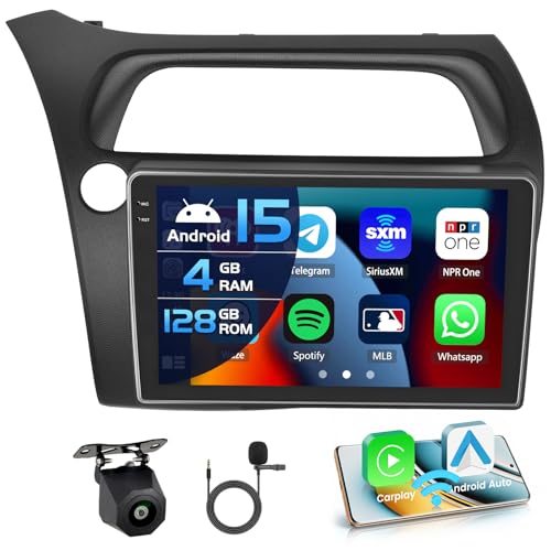 Inefala 4+128G Radio para Honda Civic VIII 2006-2011 Android 15 mit 9'' In-Cell Pantalla con Wireless Carplay y Android Auto Mirror Link Radio FM/RDS GPS WiFi Bluetooth SWC Cámara Inversa
