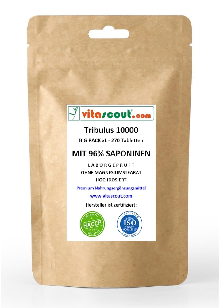 Tribulus Terrestris 10000 – 270 Vegetarische Tabletten Extrakt 30:1 – Hochdosiert 96% Saponine – Ohne Mykotoxine – Tagesdosis entspricht über 10000mg Pulver LABORGEPRÜFT