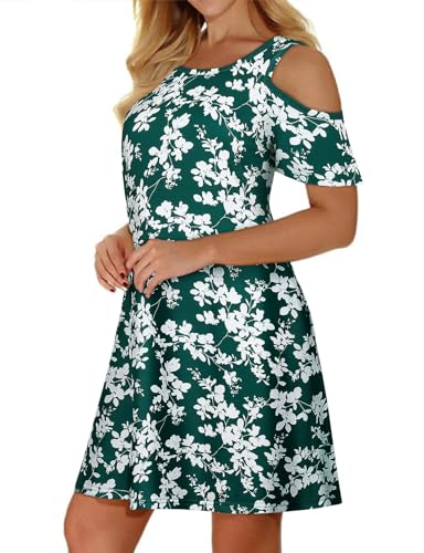 Image of Misyula Style Womens Summer Cold Shoulder Floral Flowy T-Shirt Dress with Pockets