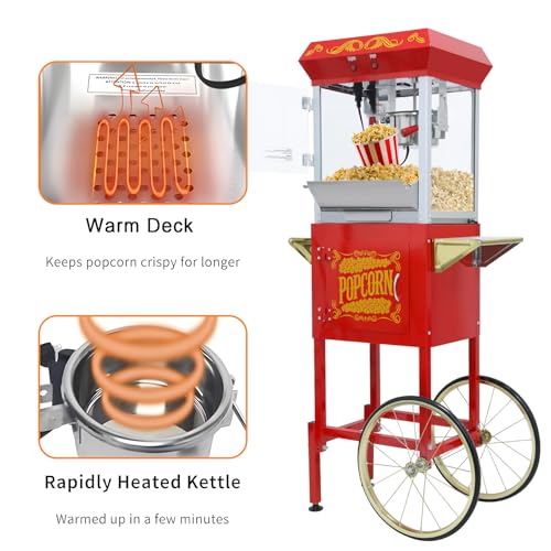 Image of Vintage Commercial Popcorn Machine with Cart - 8oz Kettle for 32 Cups /Batch, with Warming Lamp, Glass View Door and Wheels for Home Theater and Parties (Red)