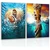 2 Pcs Framed Jesus Wall Art, The Hand of God Jesus Reaching Into Water Poster Prints, Christian Christmas Gifts, Bible Blue Ocean Wrapped Canvas Painting for Church Prayer Room Hospitals 12"x16"