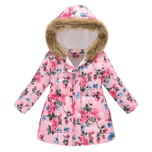 Kids Toddler Girls Winter Coats Thick Warm Hooded Fleece Jacket Snow Windproof Floral Printed Outerwear with Pockets