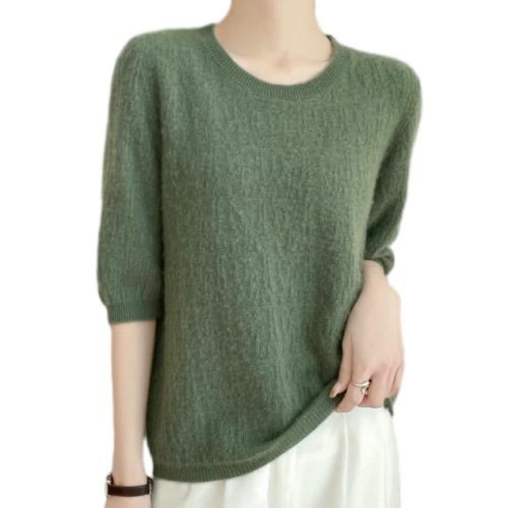 Magliette Primaverili da Donna, Maniche Corte lavorate a Maglia, Traforate, Top Estivi per Il Tempo Libero, Pullover con Scollo a V, Tinta Unita