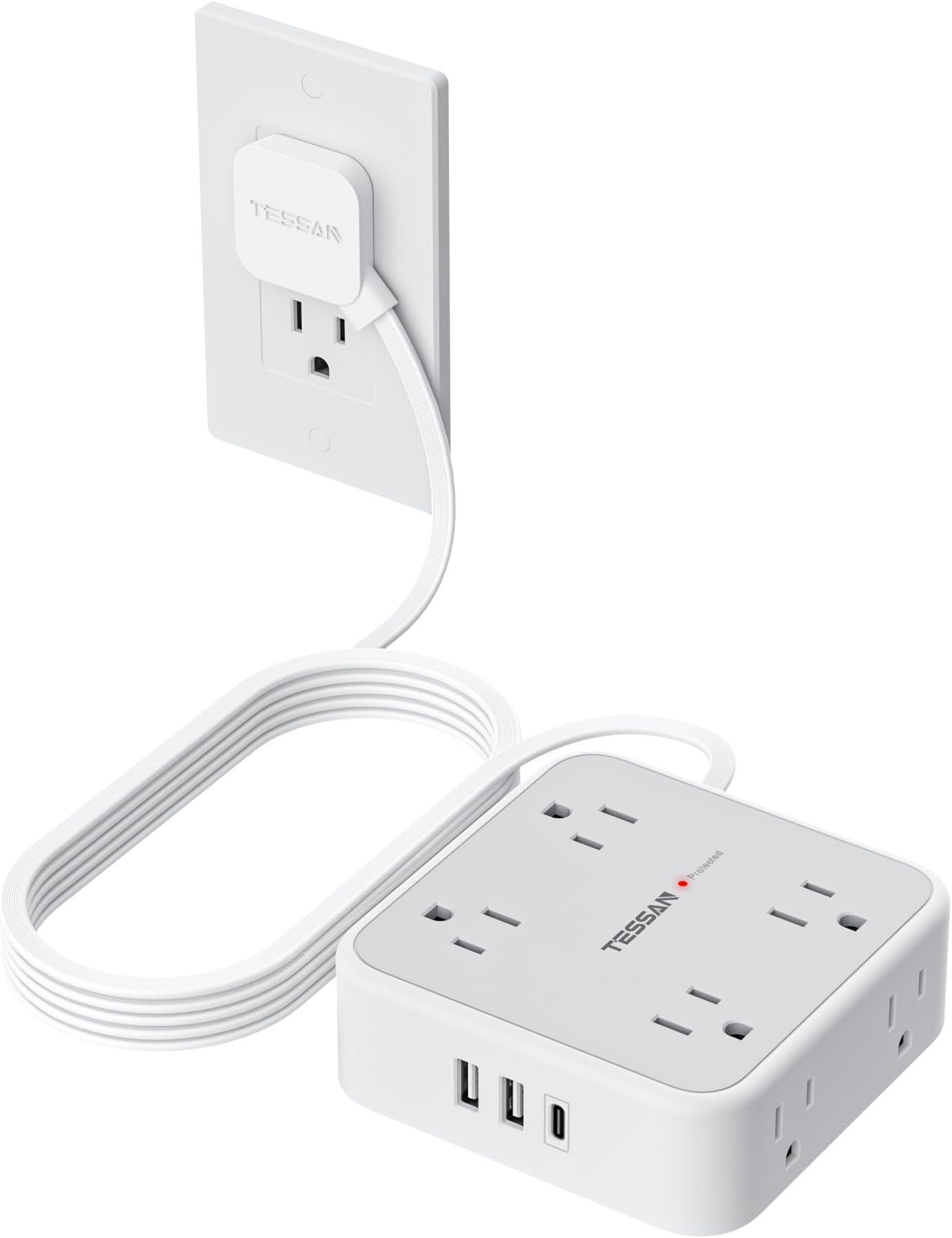 TESSAN Surge Protector Power Strip, 10 Ft Flat Plug Extension Cord with 3 USB (1 USB C) 8 Outlets, 1250W, 900J Protection, 3 Sided Outlet Extender with Power Switch for Office, Dorm Room, Grey