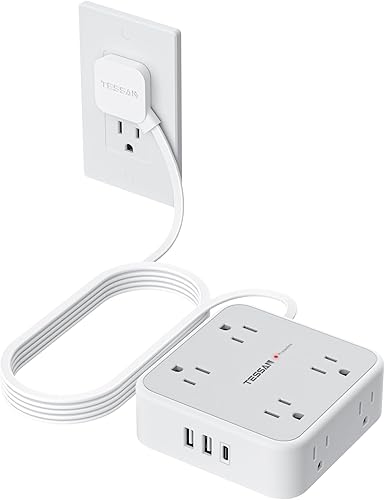 TESSAN Regleta de alimentación con protector de sobretensiones de 10 pies, 3 USB (1 USB C) 8 tomas, cable de extensión de enchufe plano con