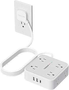 TESSAN 10 Ft Surge Protector Power Strip, 3 USB1 USB C 8 Outlets, Flat Plug Extension Cord with Multiple Outlets, 900J Protection, Desk Charging Station for Home, Dorm Room Essentials, Grey