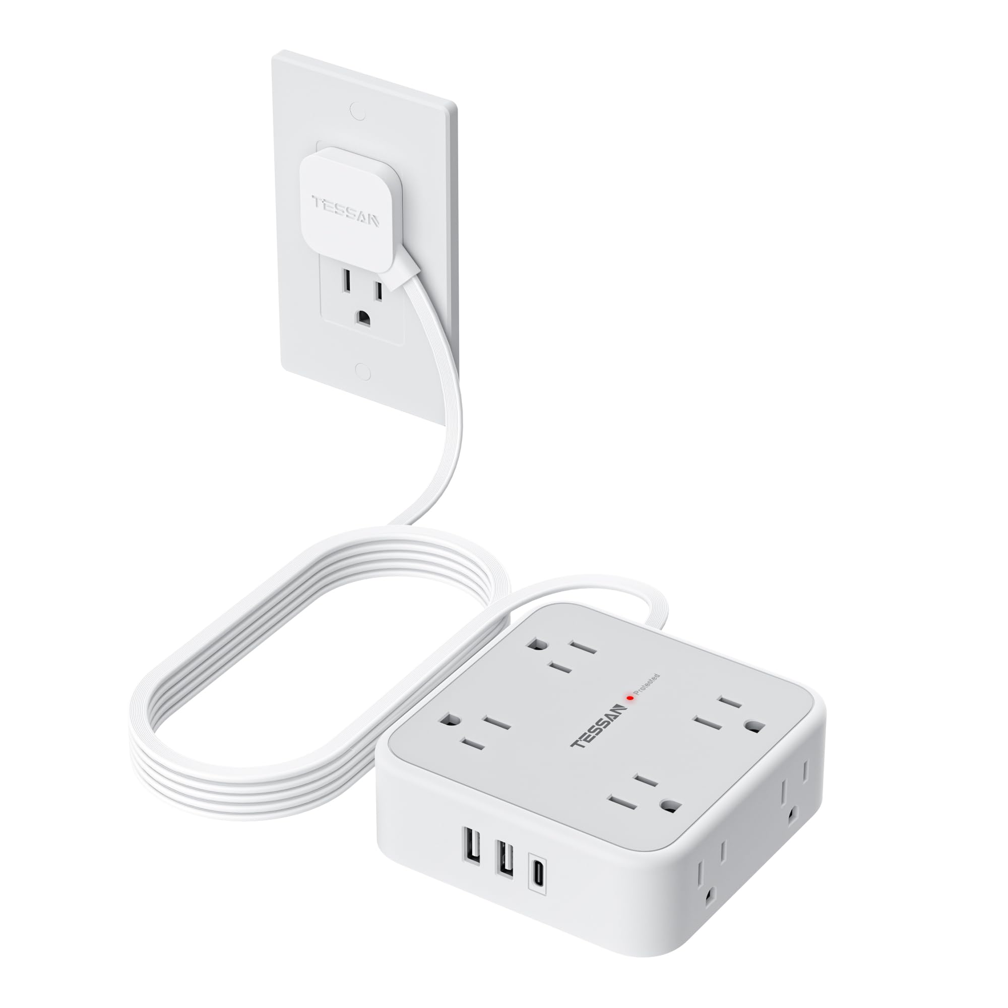 TESSAN 10 Ft Surge Protector Power Strip, 3 USB(1 USB C) 8 Outlets, Flat Plug Extension Cord with Multiple Outlets, 900J Protection, Desk Charging Station for Home, Dorm Room Essentials, Grey