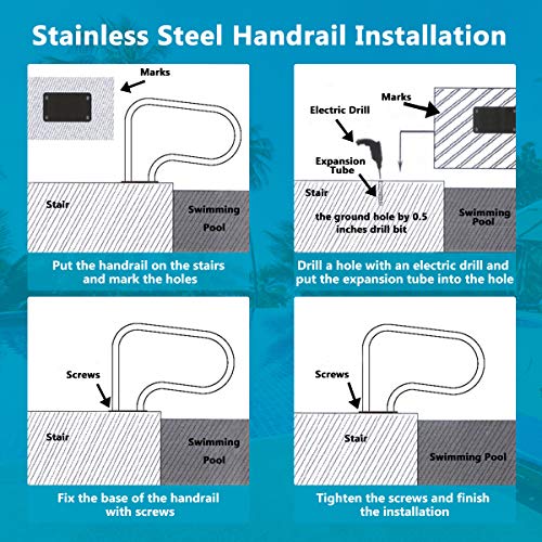 Goplus Pool Hand Rail, Easy Mount Hand Grab Rail, Stainless Steel Swimming Pool Stair Rail W/Base Plate #TOP5