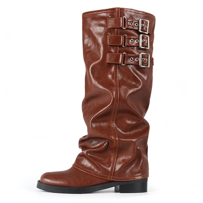 Image of MAVMAX Women Slouchy Knee High Boots Casual Round Toe Pull On Riding Biker Boots Fold Over Chunky Low Heel Platform Boot