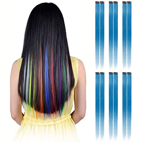 Hawkko 12PCS Straight Colored Clip in Hair Extensions Party Highlight Multiple Colors Hairpieces (12pcs-Sky Blue)