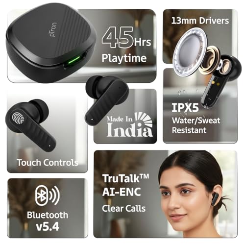 Image of pTron Bassbuds NEO TWS Earbuds w / 13mm Drivers, 45Hrs Playtime, Dual HD Mic & AI-ENC Calls, Custom EQ, Mobile App, Bluetooth V5.4 Earphones, Voice Assistant, Type C Fast Charging & IPX5 (Raven Black)