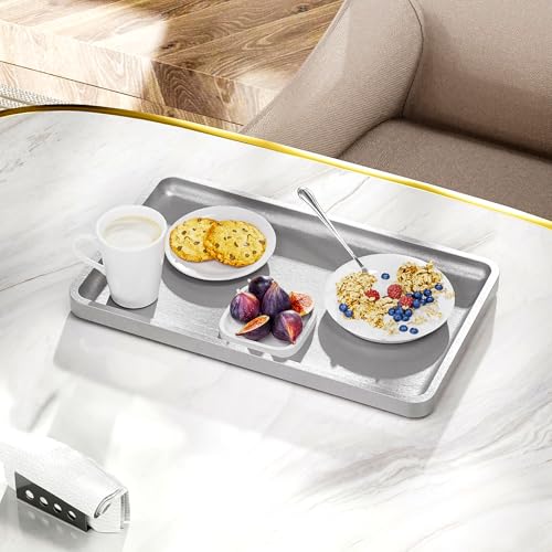 Image of Weenson Bathroom Vanity Tray for Countertop Decor Perfume Makeup Toiletries Toilet Tank, Large Bamboo Kitchen Tray for Spice Salt, Serving Tray for Food Coffee, Nightstand Candle Silver 14.2 inchx8.3 inch