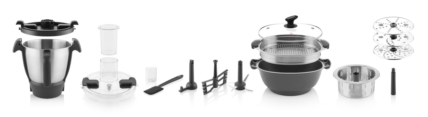 ETA Leonardo Plus, robot da cucina con funzione di cottura e bilancia, cottura a vapore, 1000 W, ciotola in acciaio inox, display LCD con molte ricette integrate, 15 funzioni, colore nero