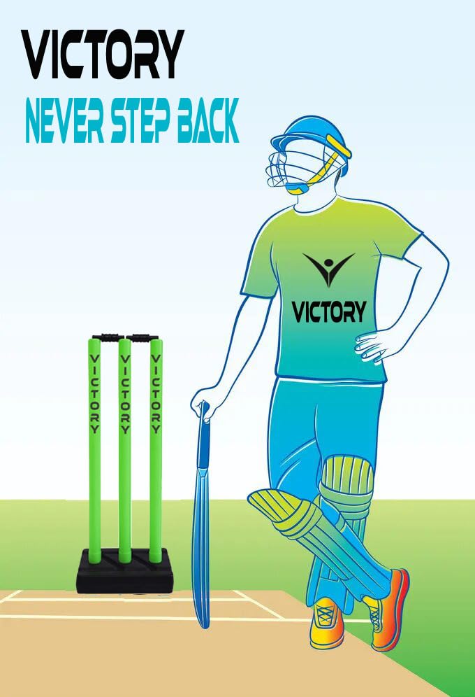 Image of Victory Cricket Stumps with Stand Cricket Kit Plastic Wickets for Cricket Standard Size Wickets for Cricket Ground, Match, Tournament Stump with Stand & Bails (Green)