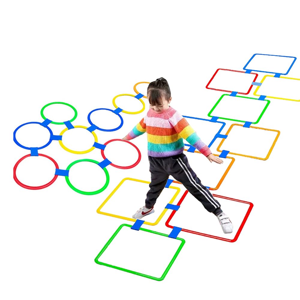 Hopscotch Squares and Hopscotch Ring Games 11in/ 15in with 30 Connectors for Kids Balance Agility Training Obstacle Course, Indoor Outdoor Backyard Activity, Birthday Fun Play for Boys Girls