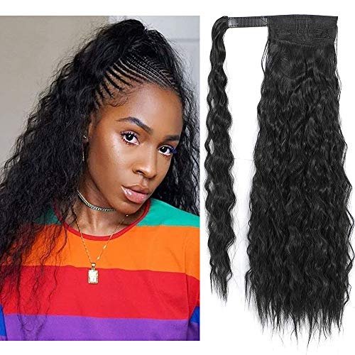 NAYOO Long Corn Wave Ponytail Extension 22 inch Magic Paste Ponytail Heat Resistant Wavy Curly Synthetic Wrap Around Ponytail Hairpiece for Women Girls Lady (1B)
