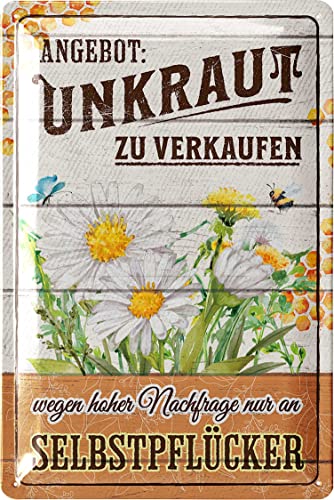 LANOLU Retro Blechschild UNKRAUT Blechschilder Garten mit Sprüchen - nostalgische Dekoration als Gärtner Geschenke - Retro Deko Vintage Metallschild Garten in Holz Optik 20x30cm