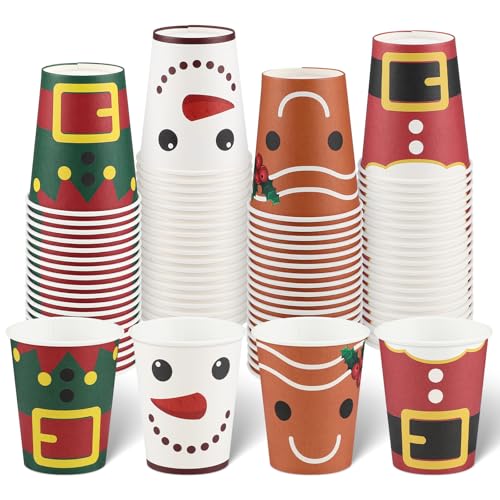 NatNarr 100 Pack Christmas Paper Cups, 9 oz Disposable Paper Coffee Cup Cute Drinking Cup for Hot Cold Tea Drinks Party Supplies, 4 Styles