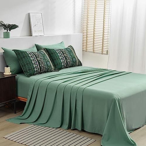 Image of Boho Green Comforter Set Queen Size,8 Piece Bed in a Bag Bohemian Striped Bedding Quilt Set,Dark green Paisley Floral Comforter and Sheet Set,Soft Microfiber Complete Bedding Sets for All Season