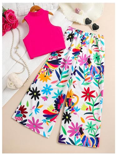 Image of GORGLITTER Girl's 2 Piece Outfit Mock Neck Tank Crop Top and Graphic Colorful Print Wide Leg Pants Set Pink 8Y