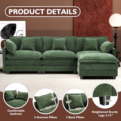 Image of Ihanherry 111.4 inch L Shaped Modern Sofa Modular Sectional Cloud Couch with Ottoman, 4-Seat Chenille Deep Seat Sofa with Pillow for Living Room, Bedroom and Apartment, Green