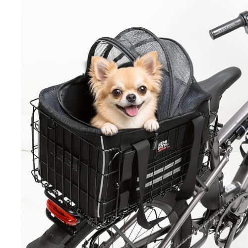 KEMIMOTO Cestino Posteriore per Bici per Cani e Gatti, Trasportino Pieghevole per Animali Fino a 9KG con Telaio in Metallo, Cestino Bicicletta per Animali Domestici con Strisce Riflettenti, Cuscino