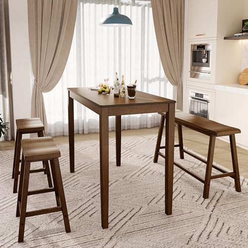 PHI VILLA Dining Table Set for 4, Counter Height Dining Table Set with Bench and 2 Chairs, Wooden Kitchen Table Set,Rustic Farmhouse Dinning Table Set, Rustic Caramel