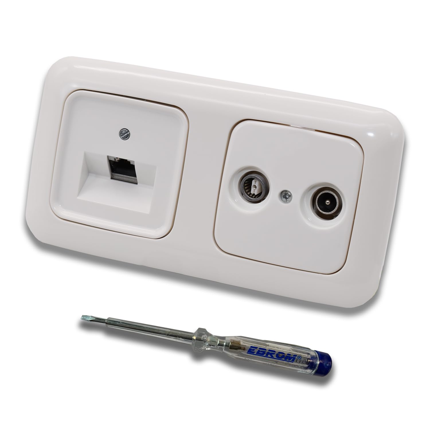 Busch Jäger, Rutenbeck - Enchufe de red empotrable (10 Gigabits/S (10 GbE) KAT6A 6A, 1 conector RJ45 y enchufe de paso de 2 orificios en diseño BJ ReflexSi en color blanco alpino + comprobador de fase